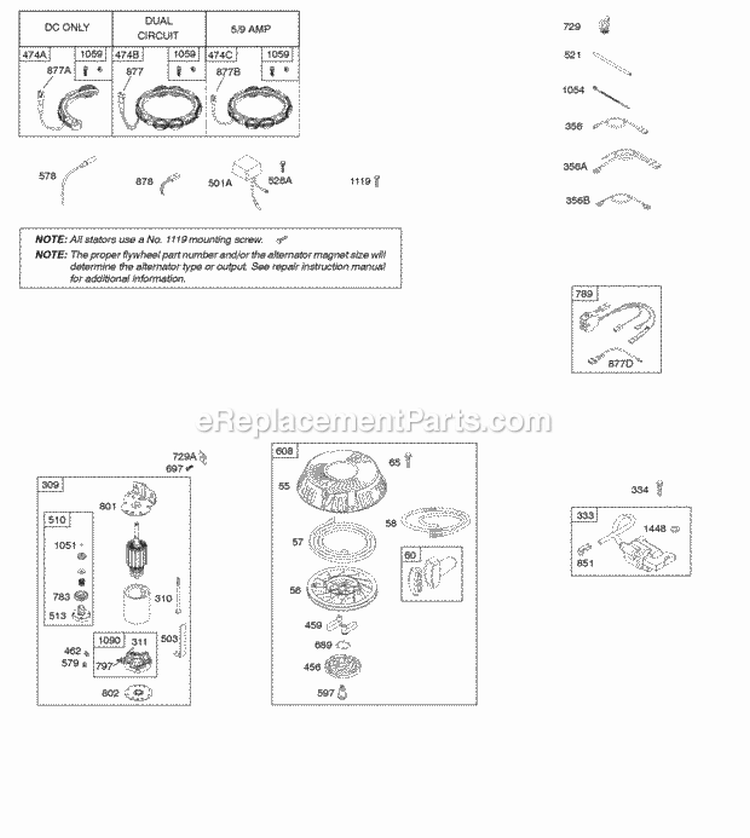 Alternator Electric Starter Ignition Rewind Starter Diagram and Parts List for 217807-0393-B1  Briggs and Stratton Engine